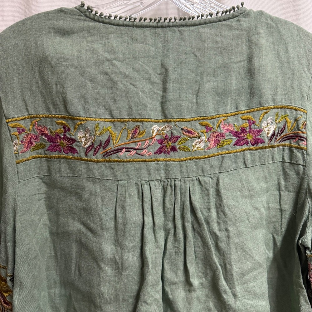 Sundance Womens Sage Green Embroidered Bird Floral Linen Peasant Blouse Small - Picture 11 of 11